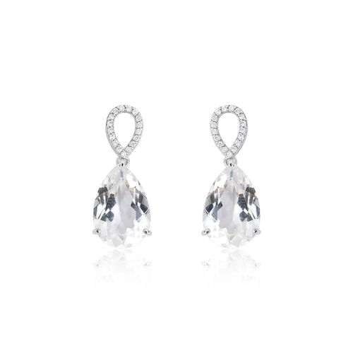 Brinco Lacrima pingente em ouro branco 18k lágrimas 10pts de Diamantes e gotas de Topázio branco