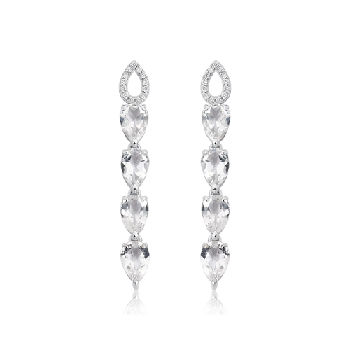 Brinco Lacrima pingente em ouro branco 18k lágrimas com 8pts de Diamantes e gotas de Topázio branco