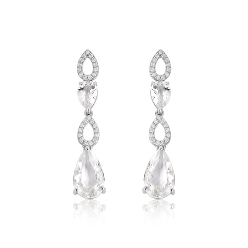 Brinco Lacrima pingente em ouro branco 18k lágrimas com 15pts de Diamantes e gotas de Topázio branco