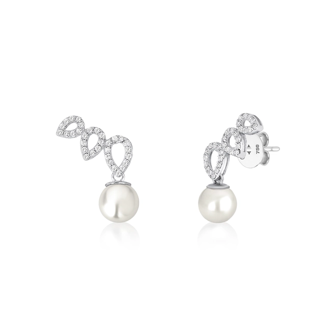 Brinco Lacrima Ear Cuff em ouro branco 18k lágrimas com 19pts de Diamantes e Pérola Cultivada 1