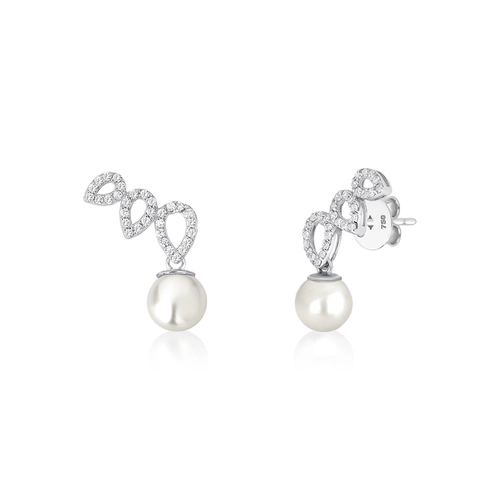 Brinco Lacrima Ear Cuff em ouro branco 18k lágrimas com 19pts de Diamantes e Pérola Cultivada
