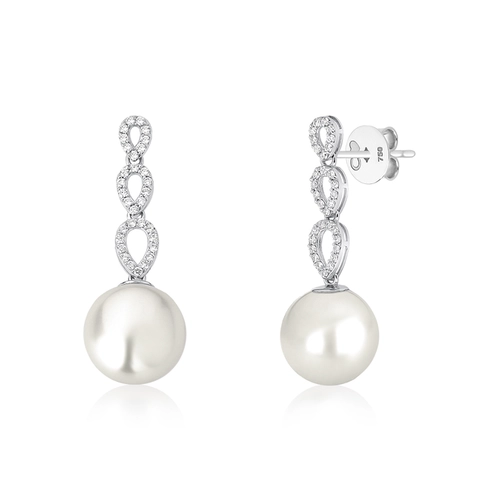 Brinco Lacrima pingente em ouro branco 18k três lágrimas com 19pts de Diamantes e Pérola Cultivada