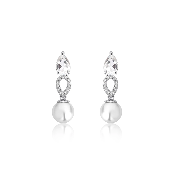 Brinco Lacrima pingente em ouro branco 18k gotas de Diamantes Topázio branco e Pérola Cultivada 1