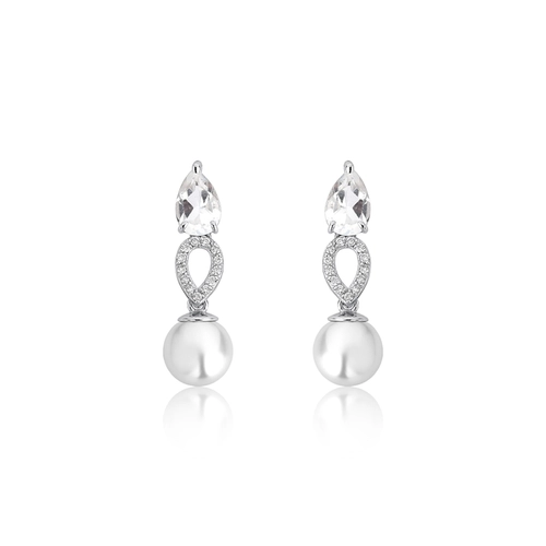 Brinco Lacrima pingente em ouro branco 18k gotas de Diamantes Topázio branco e Pérola Cultivada