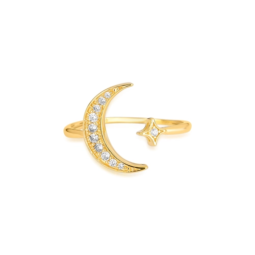 Anel For me Astra aberto em prata 925 dourada estrela e lua com Zircônias brancas