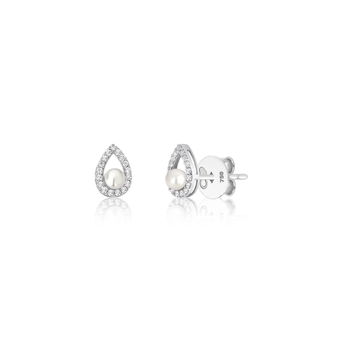 Brinco Lacrima Stud em ouro branco 18k lágrimas com 10pts de Diamantes e Pérola Cultivada