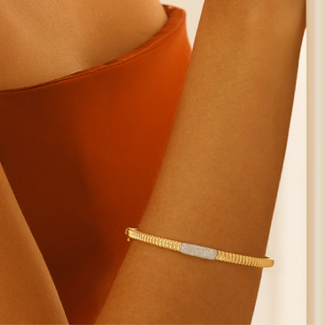 Pulseira Plissé Pavé bracelete em ouro 18k aro plissado pavê de 6pts de Diamantes com ródio 2