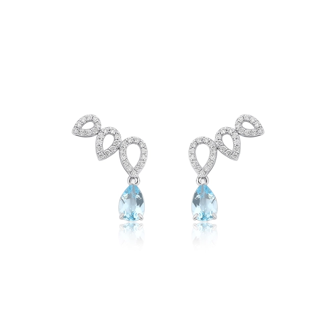 Brinco Lacrima Ear Cuff em ouro branco 18k lágrimas com 19pts de Diamantes e gotas de Topázio Sky 1