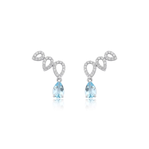 Brinco Lacrima Ear Cuff em ouro branco 18k lágrimas com 19pts de Diamantes e gotas de Topázio Sky