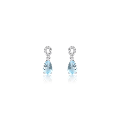 Brinco Lacrima em ouro branco 18k lágrimas com 5pts de Diamantes e gota de Topázio Sky