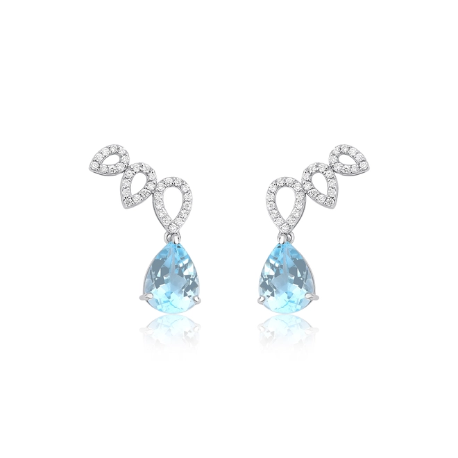 Brinco Lacrima Ear Cuff em ouro branco 18k lágrimas com 19pts Diamantes e gotas de Topázio Sky 1