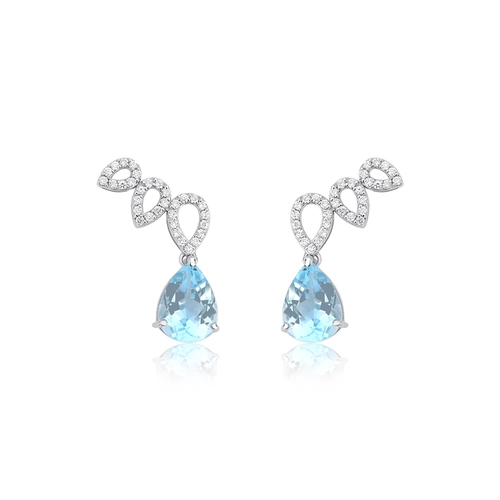 Brinco Lacrima Ear Cuff em ouro branco 18k lágrimas com 19pts Diamantes e gotas de Topázio Sky