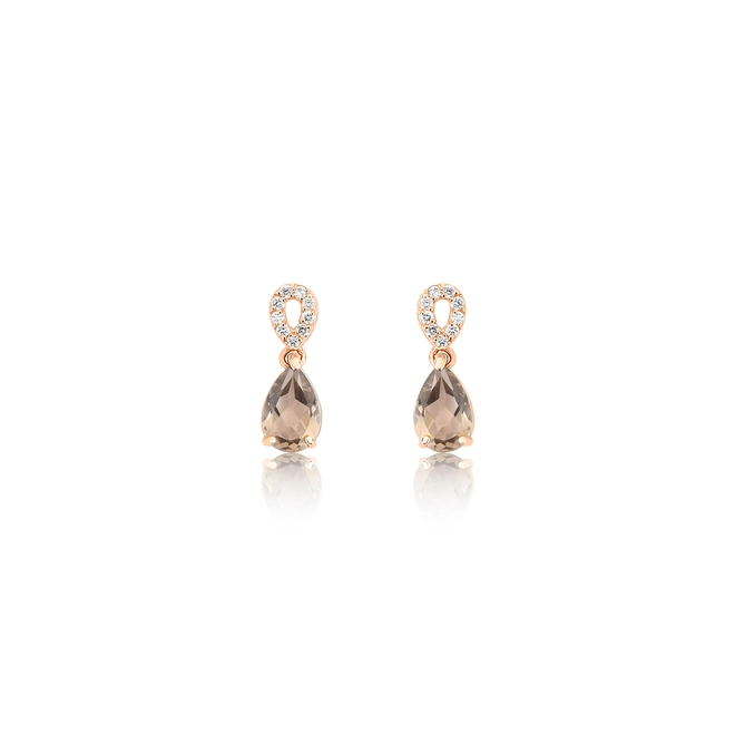 Brinco Lacrima em ouro rosé 18k lagrimas 5pts de Diamantes com gota de Quartzo Fumê 1
