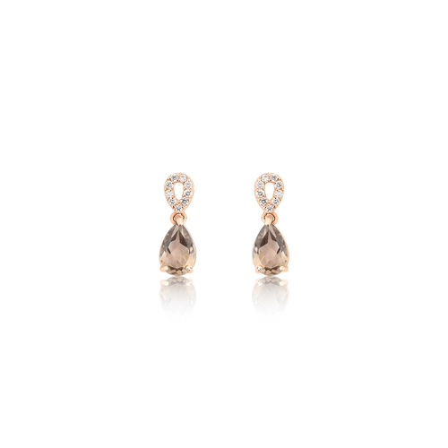 Brinco Lacrima em ouro rosé 18k lagrimas 5pts de Diamantes com gota de Quartzo Fumê