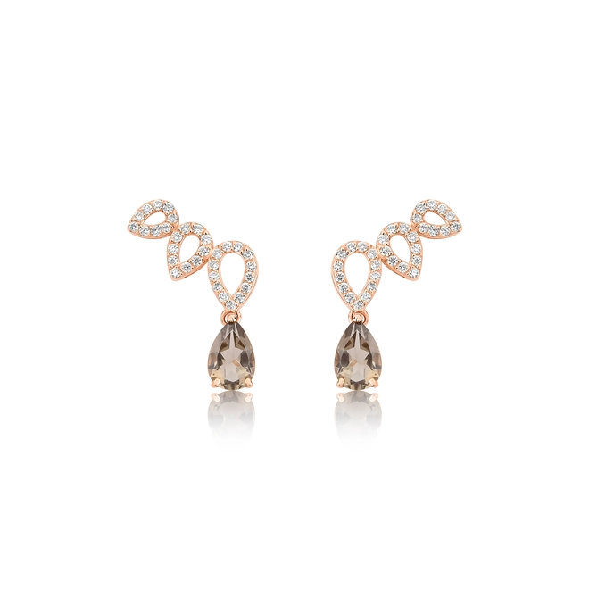Brinco Lacrima Ear Cuff em ouro rosé 18k lágrimas com 19pts de Diamantes e gotas de Quartzo Fumê 1