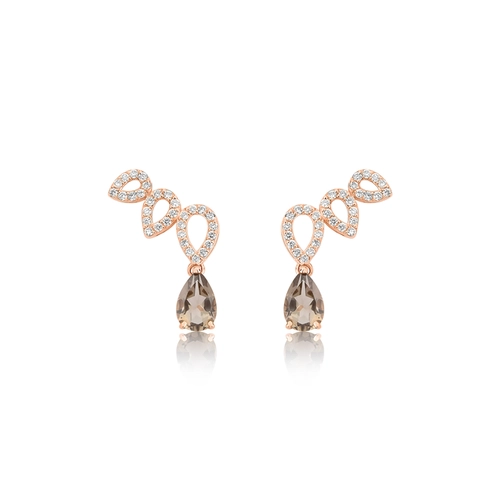 Brinco Lacrima Ear Cuff em ouro rosé 18k lágrimas com 19pts de Diamantes e gotas de Quartzo Fumê