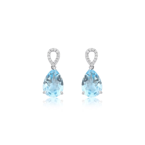 Brinco Lacrima pingente em ouro branco 18k lágrimas com 8pts de Diamantes e gotas de Topázio Sky