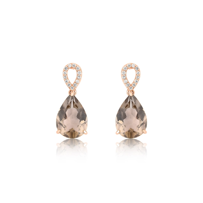 Brinco Lacrima pingente em ouro rosé 18k lágrimas 8pts de Diamantes e gota de Quartzo Fumê 1