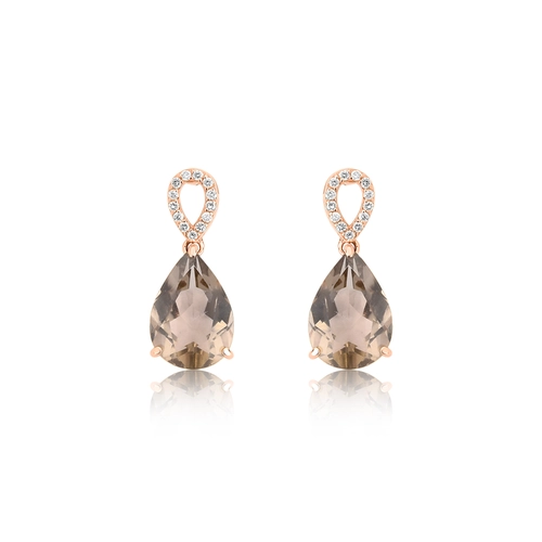 Brinco Lacrima pingente em ouro rosé 18k lágrimas 8pts de Diamantes e gota de Quartzo Fumê