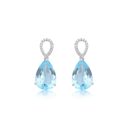 Brinco Lacrima pingente em ouro branco 18k lágrimas 10pts de Diamantes e gotas de Topázio Sky