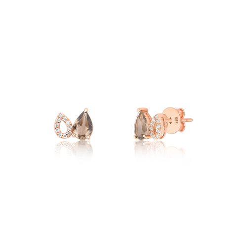 Brinco Lacrima Stud em ouro rosé 18k lágrimas com 6pts de Diamantes e gotas de Quartzo Fumê