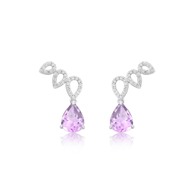 Brinco Lacrima Ear Cuff em ouro branco 18k lágrimas com 19pts Diamantes e gotas de Ametista 1