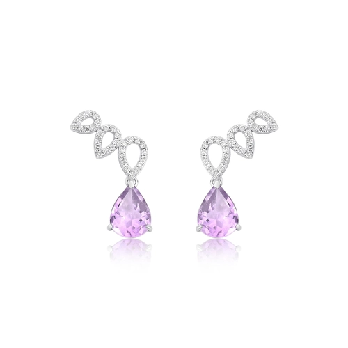Brinco Lacrima Ear Cuff em ouro branco 18k lágrimas com 19pts Diamantes e gotas de Ametista