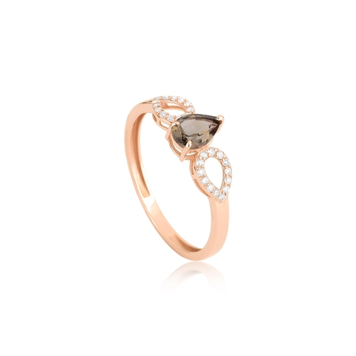 Anel Lacrima aparador em ouro rosé 18k lagrimas 8pts de Diamantes e gota de Quartzo Fumê