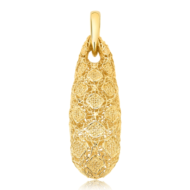 Pingente Tramê bombê em ouro 18k alongado oval renda Filigrana Artesanal 1