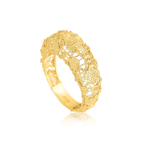 Anel Tramê Bombê abaulado em ouro 18k renda Filigrana Artesanal