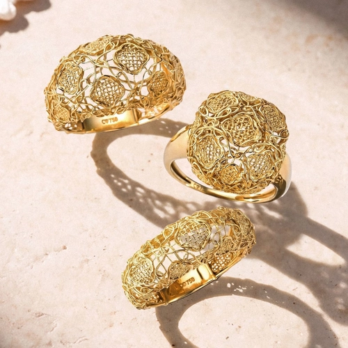 Anel Tramê bombê abaulado em ouro 18k renda Filigrana Artesanal