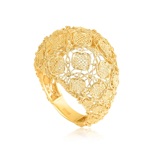 Anel Tramê bombê abaulado em ouro 18k renda Filigrana Artesanal
