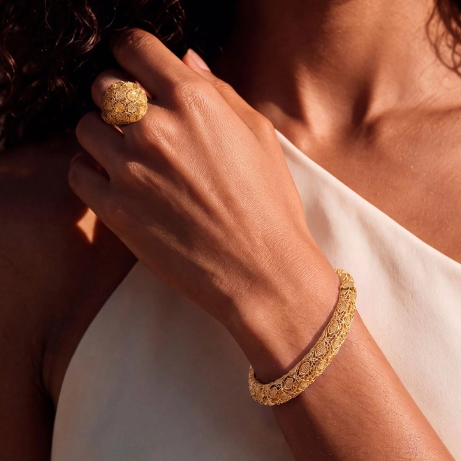 Anel Tramê bombê abaulado em ouro 18k renda Filigrana Artesanal 3