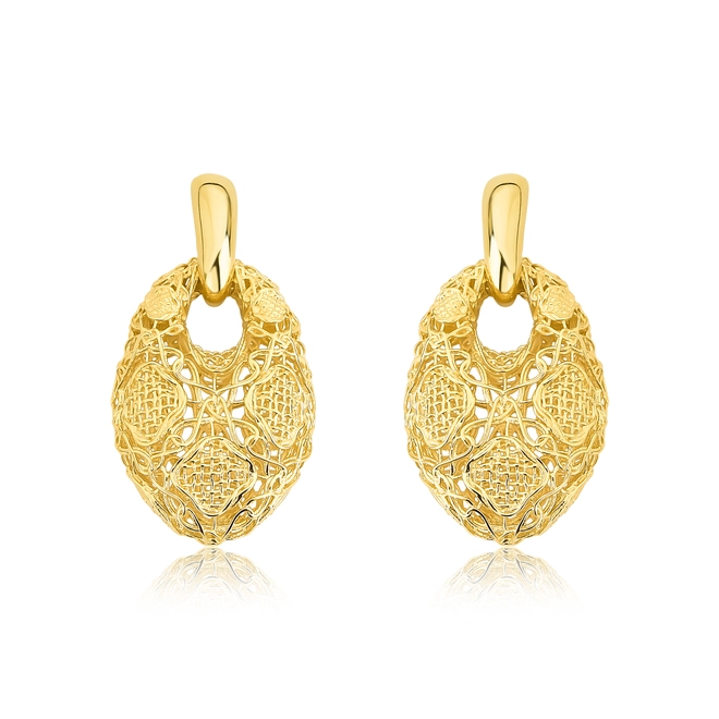 Brinco Tramê pingente bombê em ouro 18k oval renda Filigrana Artesanal 1