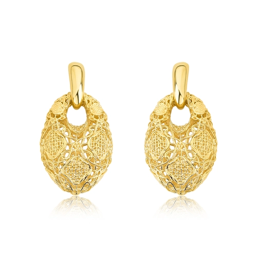 Brinco Tramê pingente bombê em ouro 18k oval renda Filigrana Artesanal