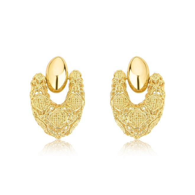 Brinco Tramê argola frontal bombê em ouro 18k renda Filigrana Artesanal 1