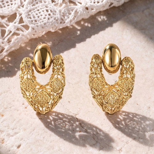 Brinco Tramê argola frontal bombê em ouro 18k renda Filigrana Artesanal