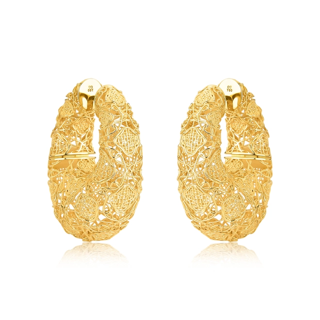 Brinco Tramê argola bombê em ouro 18k renda Filigrana Artesanal 1