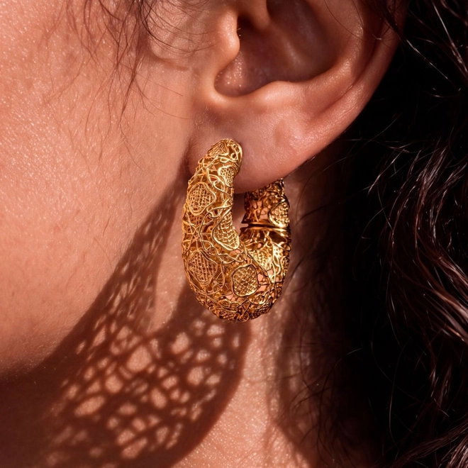 Brinco Tramê argola bombê em ouro 18k renda Filigrana Artesanal 2