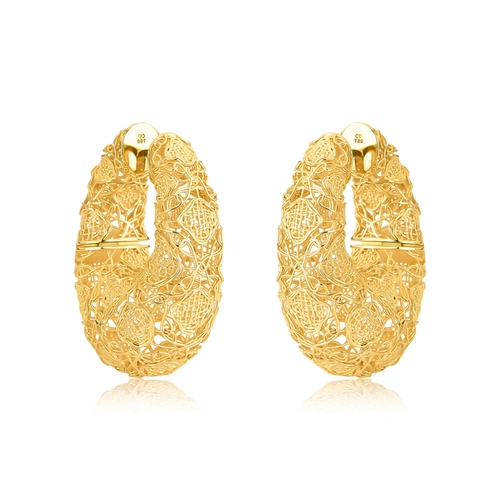 Brinco Tramê argola bombê em ouro 18k renda Filigrana Artesanal