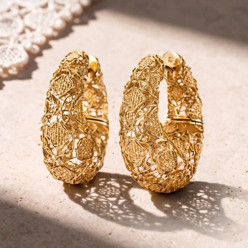 Brinco Tramê argola bombê em ouro 18k renda Filigrana Artesanal