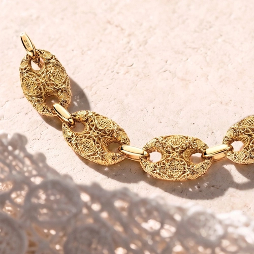 Pulseira Tramê bombê articulada em ouro 18kcom renda Filigrana Artesanal