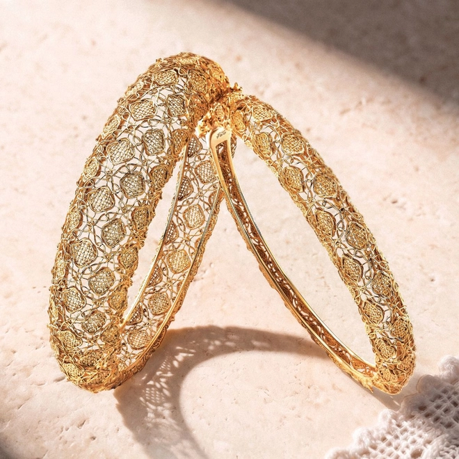 Pulseira Tramê bracelete bombê em ouro 18k abaulado renda Filigrana Artesanal 3