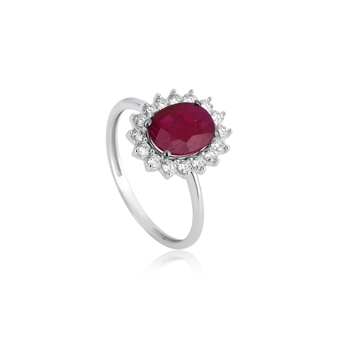 Anel Selection oval de Rubi em ouro branco 18k contorno halo 32pts de Diamantes 1