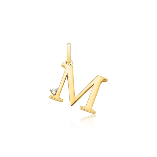 Pingente Roman em ouro 18k letra "M" polida com um Diamante