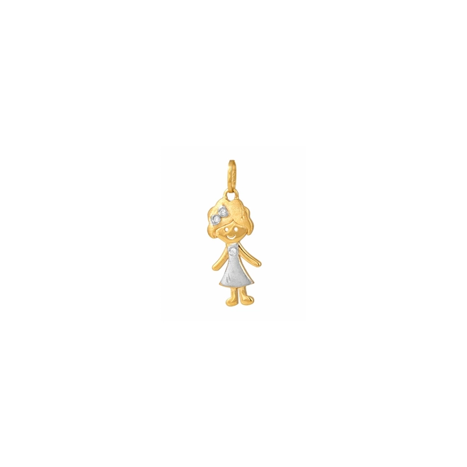 Pingente filhos menina de vestido rodinado ouro 18k laço com Diamante 1
